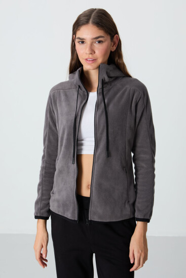 Koyu Gri Kalın Yumuşak Dokulu Kapüşonlu Standart Fit Nakışlı Polar Kadın Sweatshirt -97287 