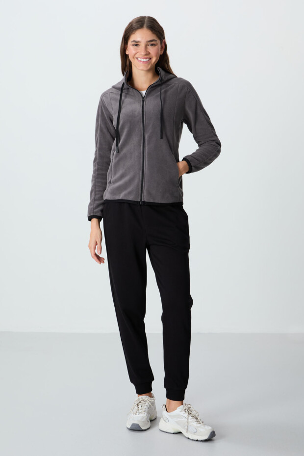 Koyu Gri Kalın Yumuşak Dokulu Kapüşonlu Standart Fit Nakışlı Polar Kadın Sweatshirt -97287 - 4