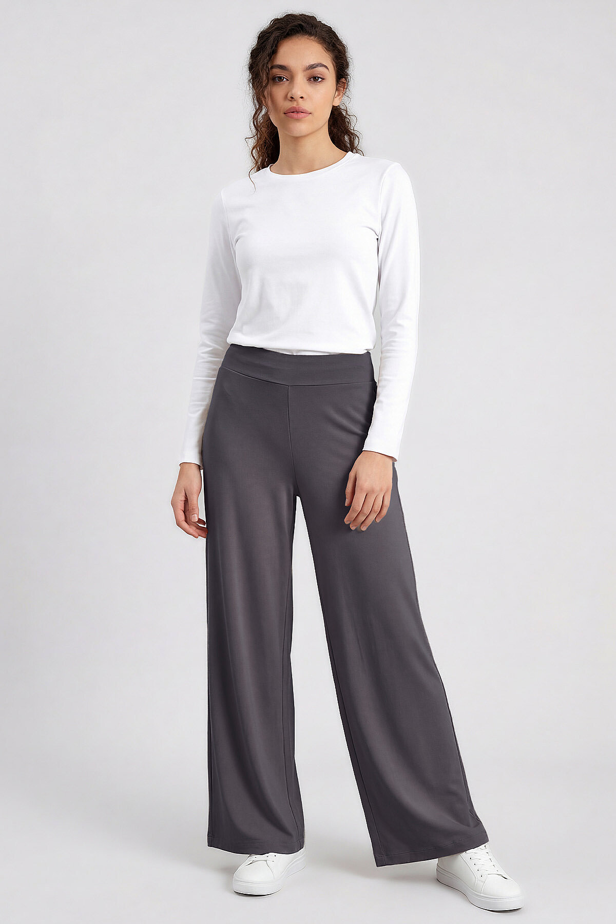 Koyu Gri Comfort Fit Geniş Paça Korsajlı Palazzo Kadın Pantolon - 94681 - TOMMYLIFE (1)