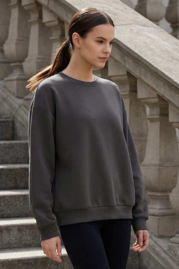 Koyu Gri Basic O Yaka Oversize Kadın Sweatshirt - 97053 - 3