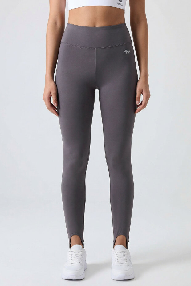 Koyu Gri Standart Fit Esnek Spor Performans Kadın Topuklu Tayt - 94685 - 4