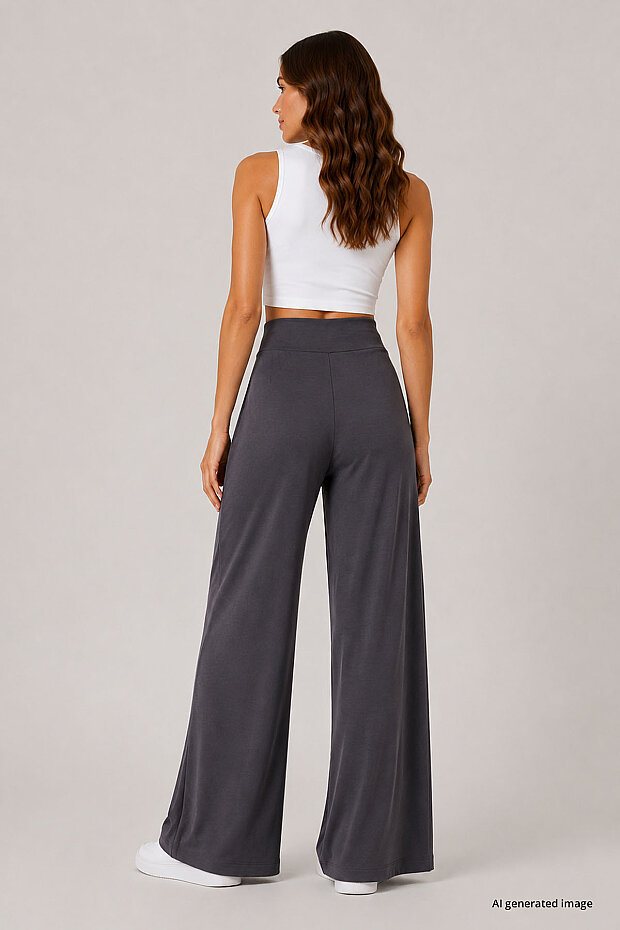 Koyu Gri Comfort Fit Geniş Paça Korsajlı Palazzo Kadın Pantolon - 94681 - 4