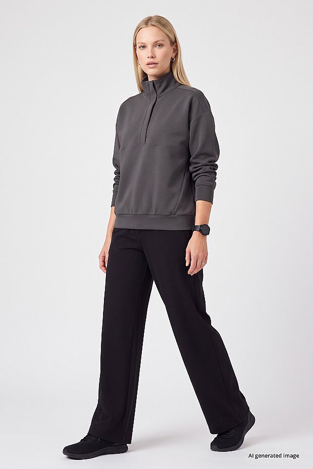 Koyu Gri Dik Yaka Fermuarlı Rahat Form Kadın Sweatshirt - 97314 - 2