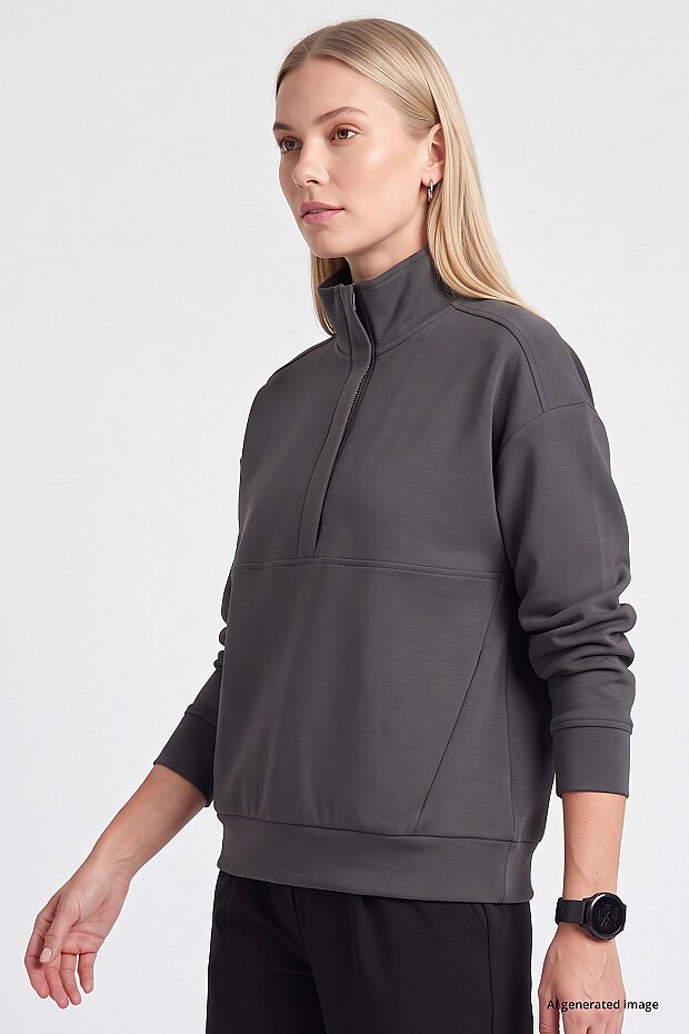 Koyu Gri Dik Yaka Fermuarlı Rahat Form Kadın Sweatshirt - 97314 - 3