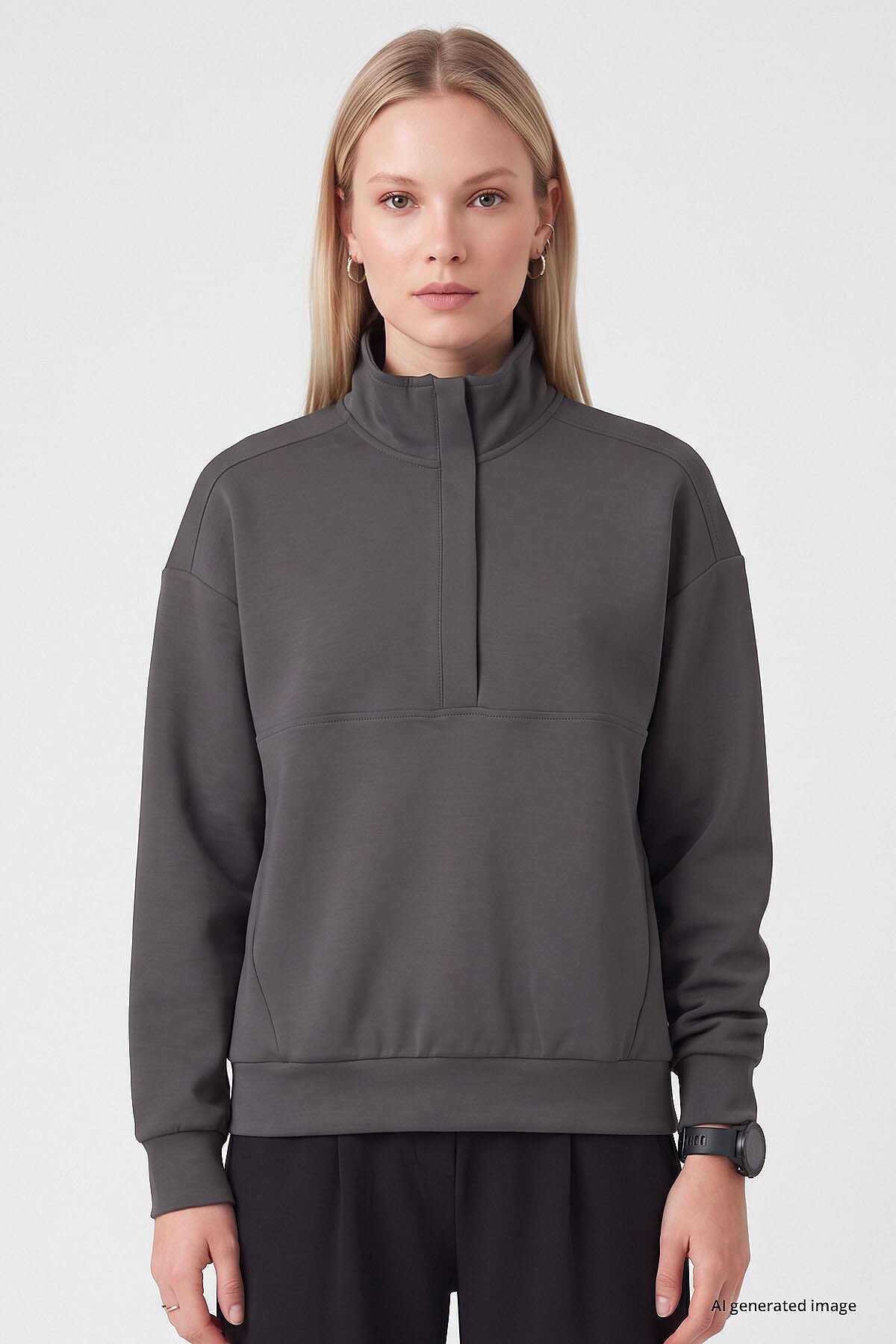 Koyu Gri Dik Yaka Fermuarlı Rahat Form Kadın Sweatshirt - 97314 - TOMMYLIFE