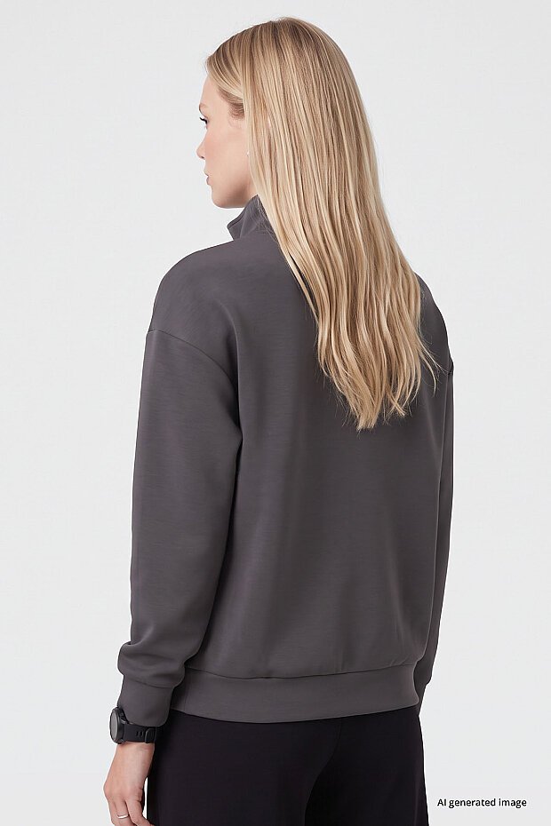 Koyu Gri Dik Yaka Fermuarlı Rahat Form Kadın Sweatshirt - 97314 - 5