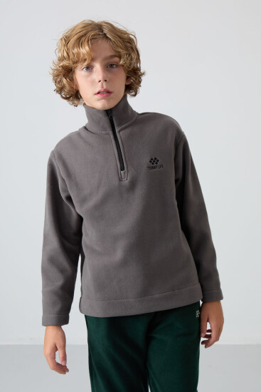 Koyu Gri Kalın Yumuşak Dokulu Standart Fit Nakışlı Polar Erkek Çocuk Sweatshirt - 11221 