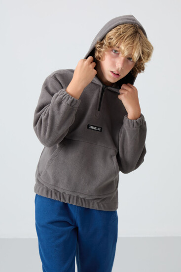 Koyu Gri Kalın Yumuşak Dokulu Standart Fit Nakışlı Polar Erkek Çocuk Sweatshirt - 11230 