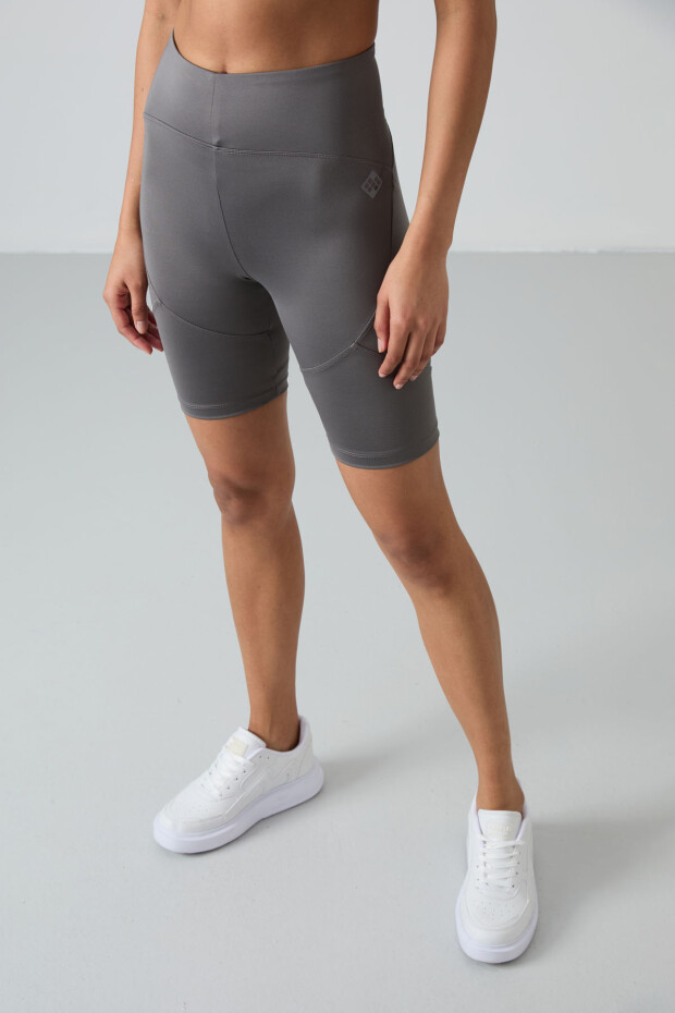Koyu Gri Esnek Standart Fit Performans Kadın Biker Tayt - 91013 - 4