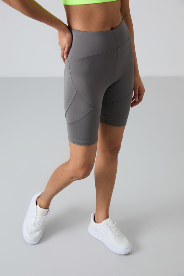 Koyu Gri Esnek Standart Fit Performans Kadın Biker Tayt - 91013 - 3
