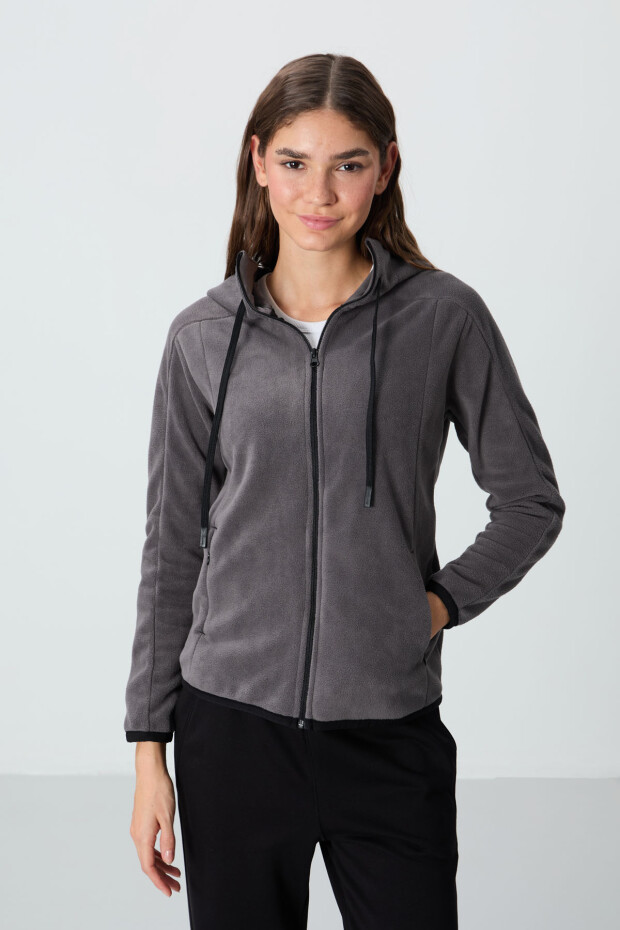 Koyu Gri Kalın Yumuşak Dokulu Kapüşonlu Standart Fit Nakışlı Polar Kadın Sweatshirt -97287 - 3
