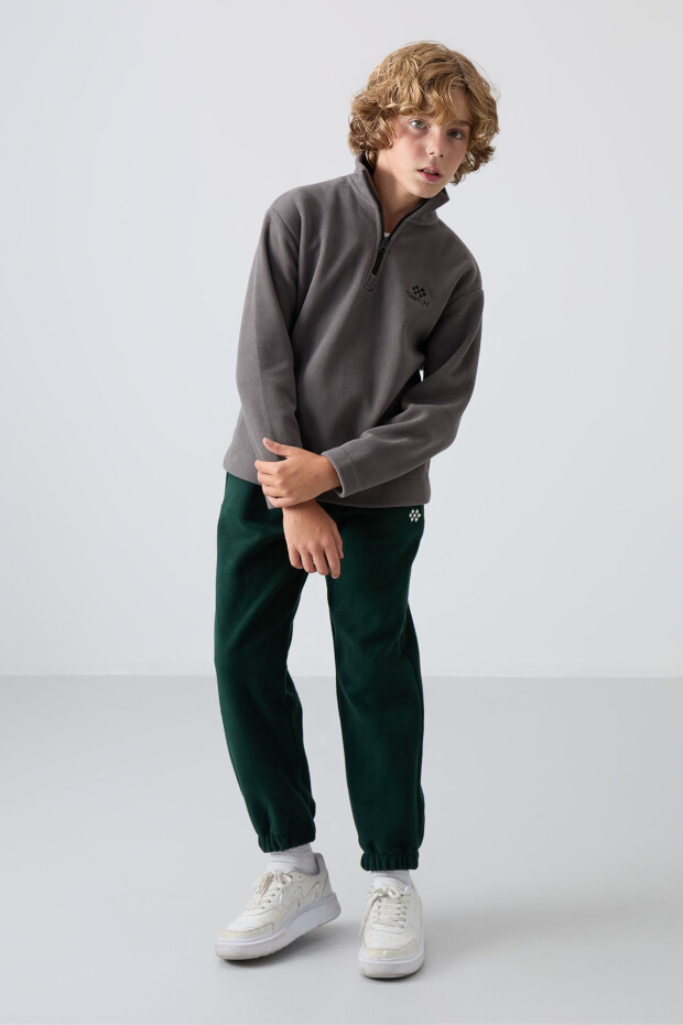 Koyu Gri Kalın Yumuşak Dokulu Standart Fit Nakışlı Polar Erkek Çocuk Sweatshirt - 11221 - 3