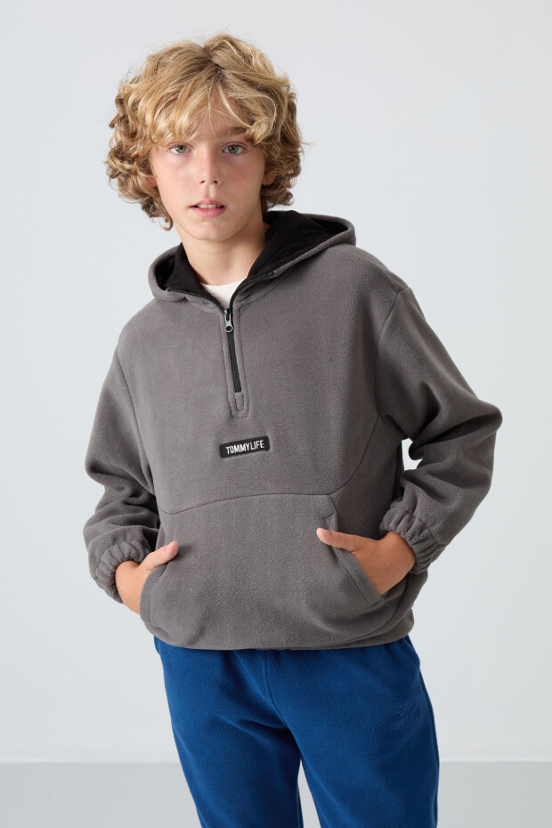 Koyu Gri Kalın Yumuşak Dokulu Standart Fit Nakışlı Polar Erkek Çocuk Sweatshirt - 11230 - 2
