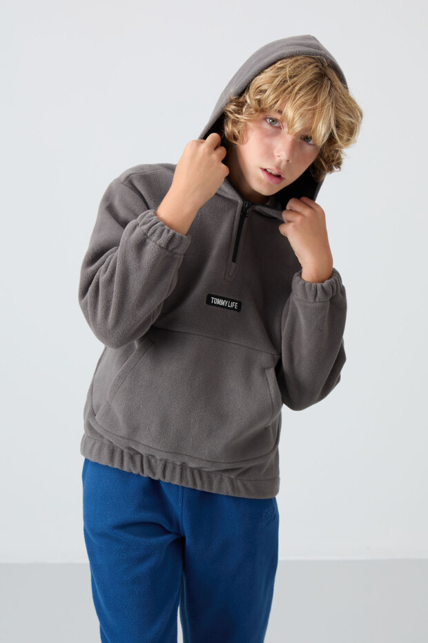 Koyu Gri Kalın Yumuşak Dokulu Standart Fit Nakışlı Polar Erkek Çocuk Sweatshirt - 11230 - 1