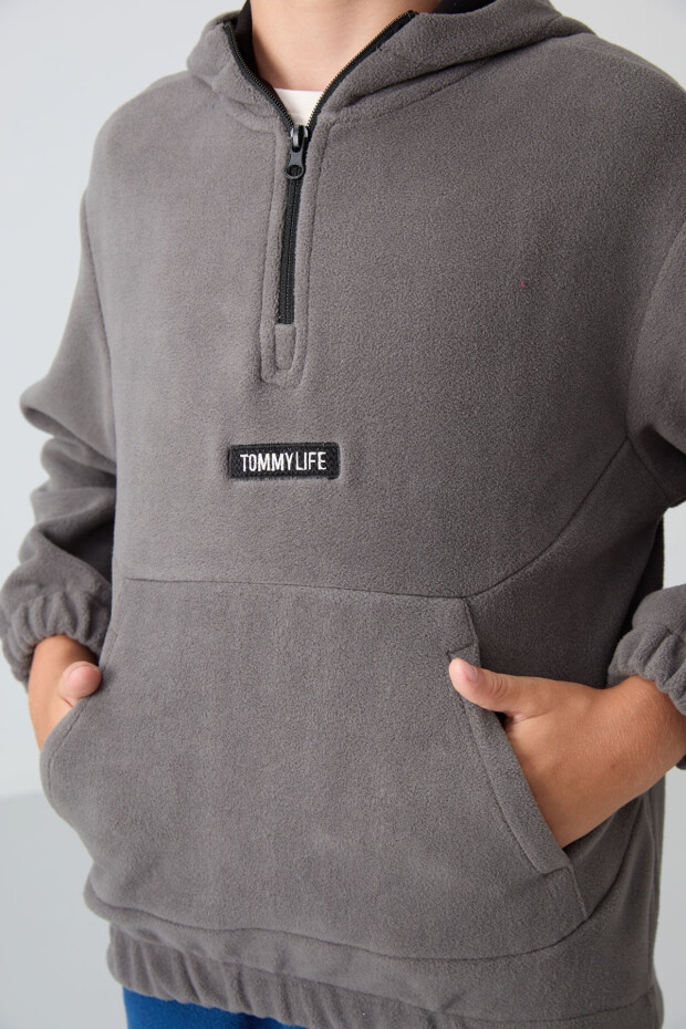 Koyu Gri Kalın Yumuşak Dokulu Standart Fit Nakışlı Polar Erkek Çocuk Sweatshirt - 11230 - 3