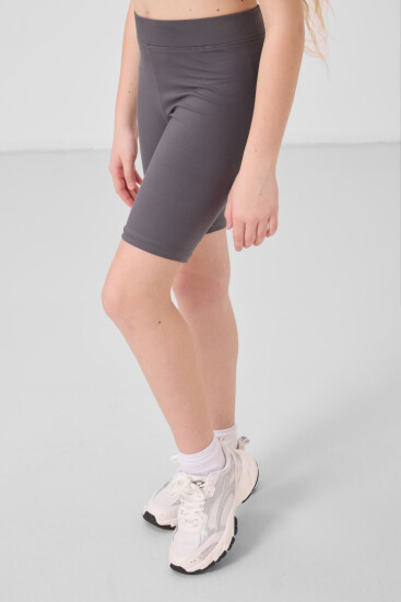 Koyu Gri Pamuklu Kısa Paça Standart Fit Basic Kız Çocuk Tayt - 75188 - Thumbnail