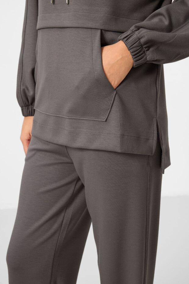 Koyu Gri Yumuşak Dokulu Kapüşonlu Oversize Kadın Eşofman Tunik Takım - 95348 - 4