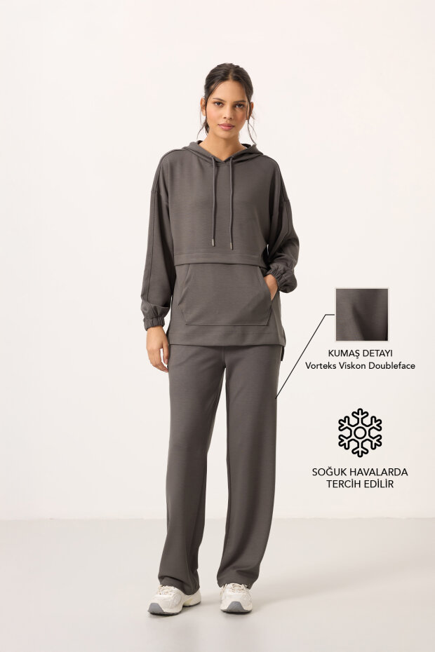 Koyu Gri Yumuşak Dokulu Kapüşonlu Oversize Kadın Eşofman Tunik Takım - 95348 - 6
