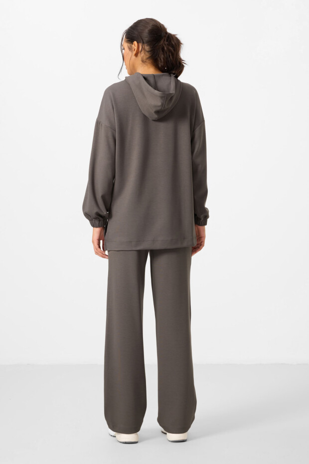 Koyu Gri Yumuşak Dokulu Kapüşonlu Oversize Kadın Eşofman Tunik Takım - 95348 - 5