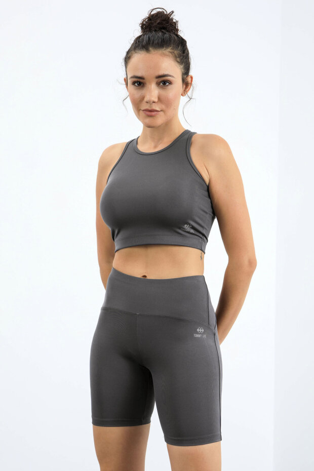 Koyu Gri Yüksek Bel Toparlayıcı Dar Kalıp Crop Biker Kadın Tayt Takım - 95302 - 7