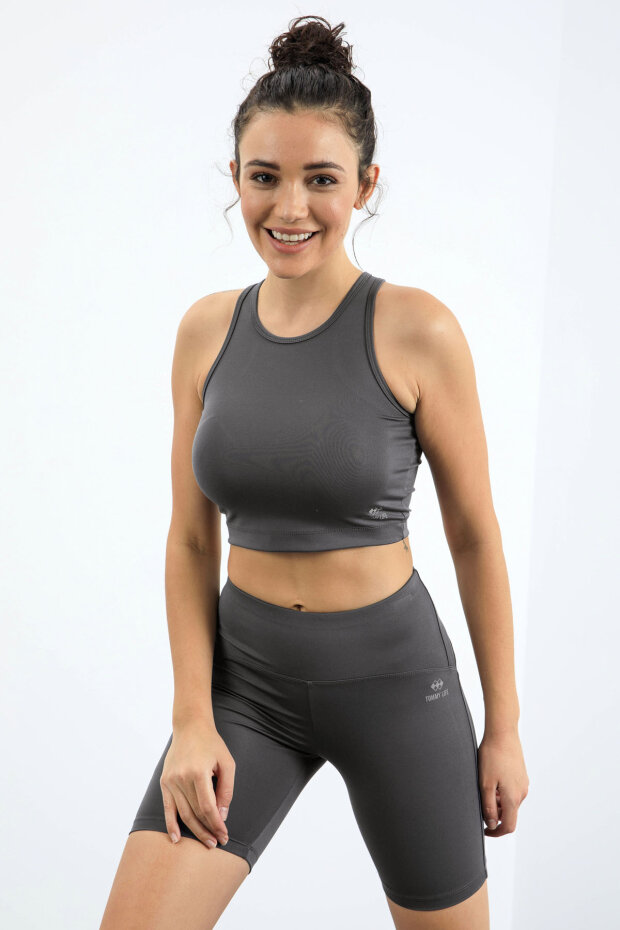 Koyu Gri Yüksek Bel Toparlayıcı Dar Kalıp Crop Biker Kadın Tayt Takım - 95302 - 1