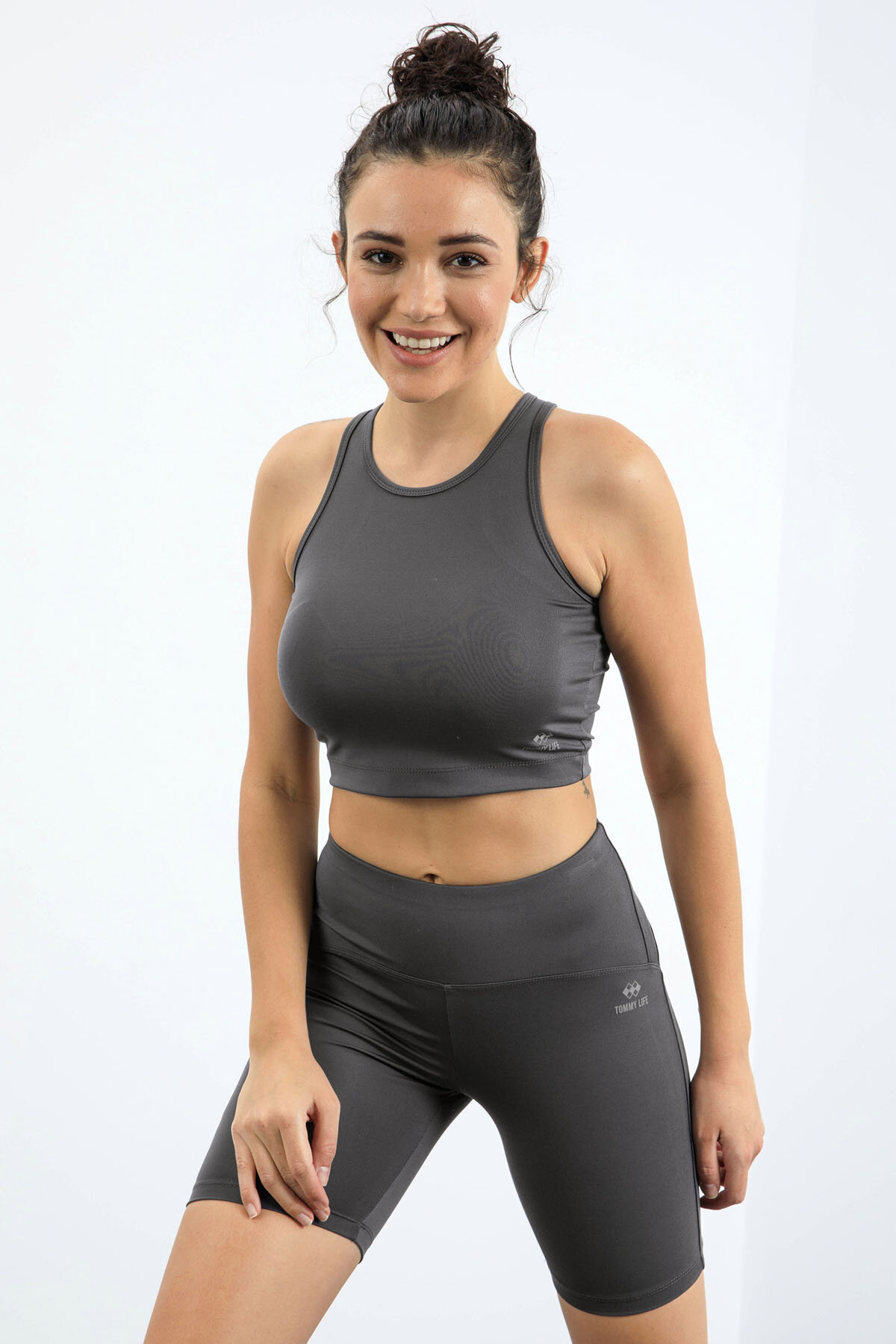 Koyu Gri Yüksek Bel Toparlayıcı Dar Kalıp Crop Biker Kadın Tayt Takım - 95302 - TOMMYLIFE