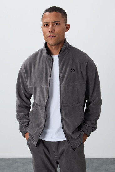Koyu Gri Kalın Yumuşak Dokulu Comfort Fit Nakışlı Erkek Eşofman Takım - 85269 - TOMMYLIFE (1)