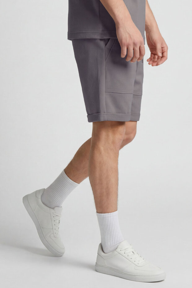 Koyu Gri Oversize Fit Yumuşak Dokulu Basic Erkek Şort Takım - 85274 - 3