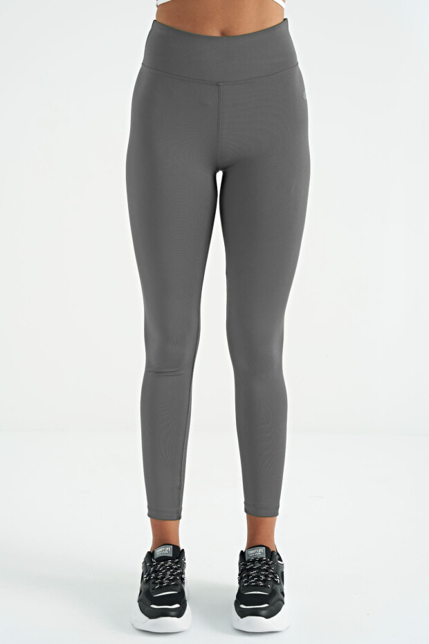 Koyu Gri Logo Baskı Detaylı Yüksek Bel Dalgıç Kumaş Slim Fit Kadın Tayt - 94627 - 4