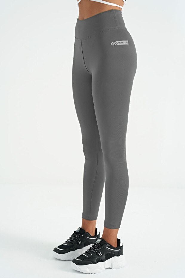 Koyu Gri Logo Baskı Detaylı Yüksek Bel Dalgıç Kumaş Slim Fit Kadın Tayt - 94627 - 3