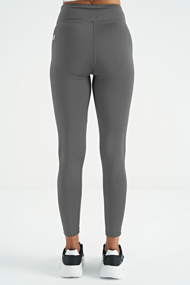 Koyu Gri Logo Baskı Detaylı Yüksek Bel Dalgıç Kumaş Slim Fit Kadın Tayt - 94627 - 7