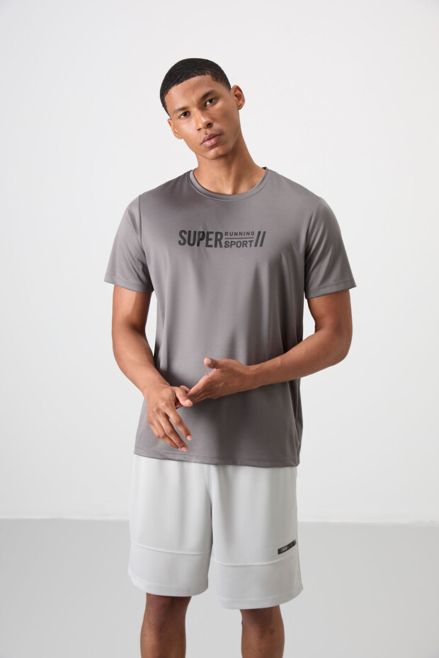 Koyu Gri Nefes Alan Dokulu İnce Esnek Standart Fit Erkek Performans T-Shirt - 88385 - 4