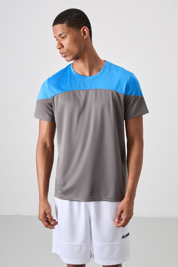 Koyu Gri Nefes Alan Dokulu İnce Esnek Standart Fit Erkek Performans T-Shirt - 88386 - 1