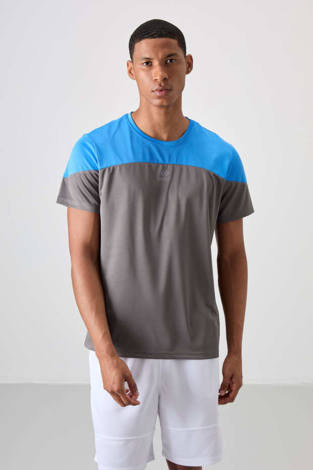 Koyu Gri Nefes Alan Dokulu İnce Esnek Standart Fit Erkek Performans T-Shirt - 88386 - 4