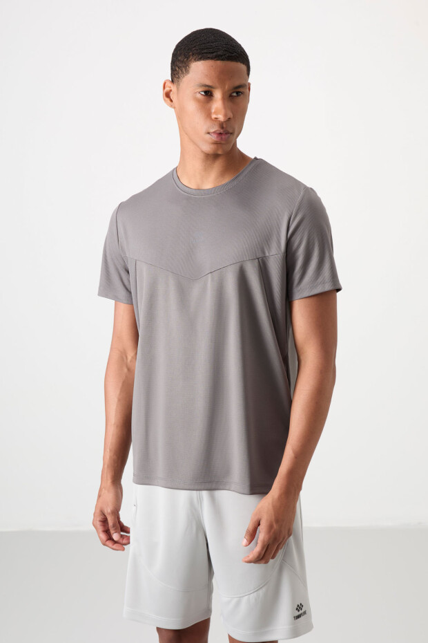 Koyu Gri Nefes Alan Dokulu İnce Esnek Standart Fit Erkek Performans T-Shirt - 88391 - 4