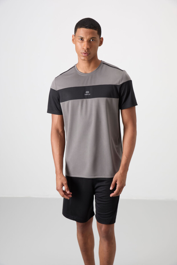 Koyu Gri Nefes Alan Dokulu İnce Esnek Standart Fit Erkek Performans T-Shirt - 88396 - 5