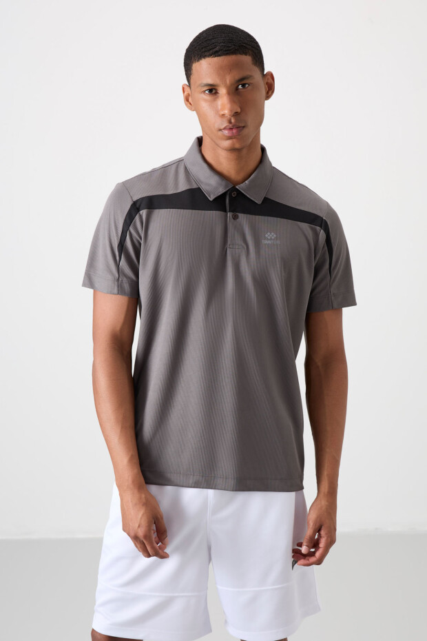 Koyu Gri Nefes Alan Dokulu İnce Esnek Standart Fit Polo Yaka Erkek Performans T-Shirt - 88392 - 1