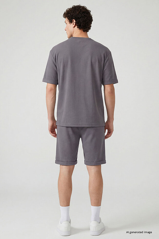 Koyu Gri Oversize Fit Yumuşak Dokulu Basic Erkek Şort Takım - 85274 - 4