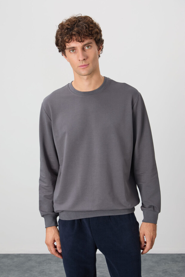 Koyu Gri Pamuk Yumuşak Dokulu Standart Fit Basic Erkek Sweatshirt - 88363 - 3