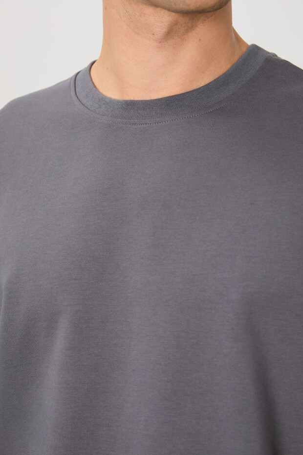 Koyu Gri Pamuk Yumuşak Dokulu Standart Fit Basic Erkek Sweatshirt - 88363 - 4