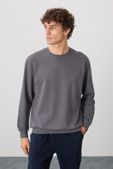 Koyu Gri Pamuk Yumuşak Dokulu Standart Fit Basic Erkek Sweatshirt - 88363 