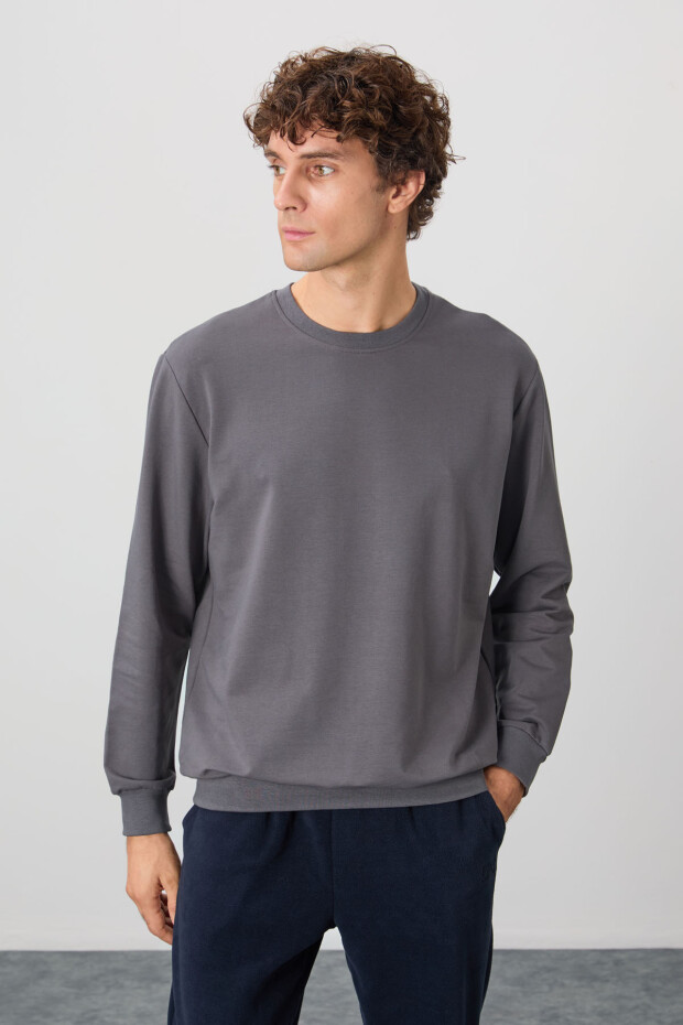 Koyu Gri Pamuk Yumuşak Dokulu Standart Fit Basic Erkek Sweatshirt - 88363 - 1