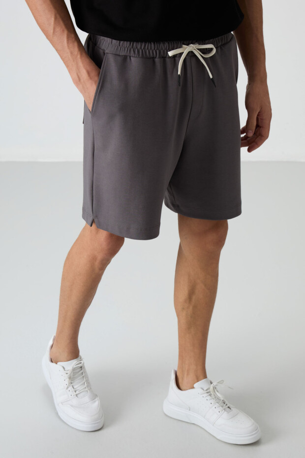 Koyu Gri Pamuklu Kalın Yumuşak Dokulu Comfort Fit Basic Erkek Şort - 81274 - 3