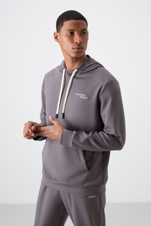 Koyu Gri Pamuklu Kalın Yumuşak Dokulu Comfort Fit Nakışlı Erkek Eşofman Takım - 85255 - 6