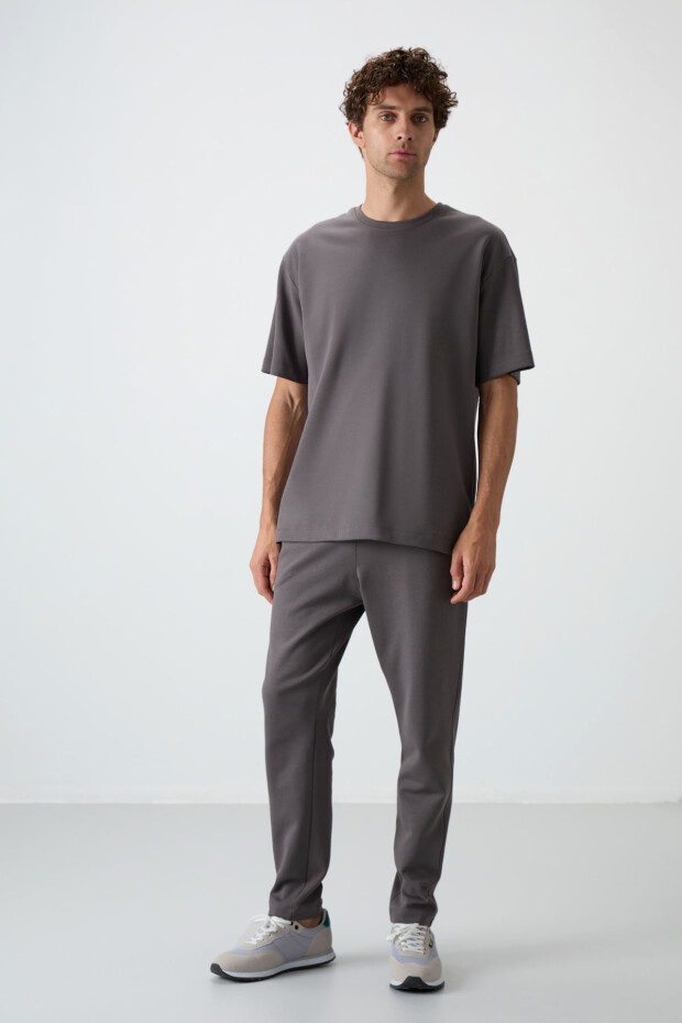 Koyu Gri Pamuklu Kalın Yumuşak Dokulu Oversize Fit Basic Erkek Eşofman Takım - 85251 - 3
