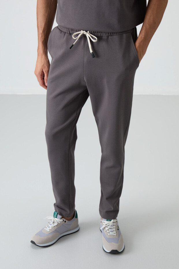 Koyu Gri Pamuklu Kalın Yumuşak Dokulu Oversize Fit Basic Erkek Eşofman Takım - 85251 - 6