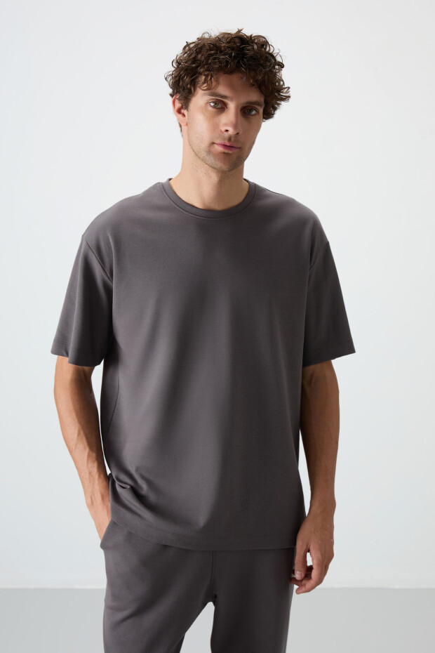 Koyu Gri Pamuklu Kalın Yumuşak Dokulu Oversize Fit Basic Erkek Eşofman Takım - 85251 - 7