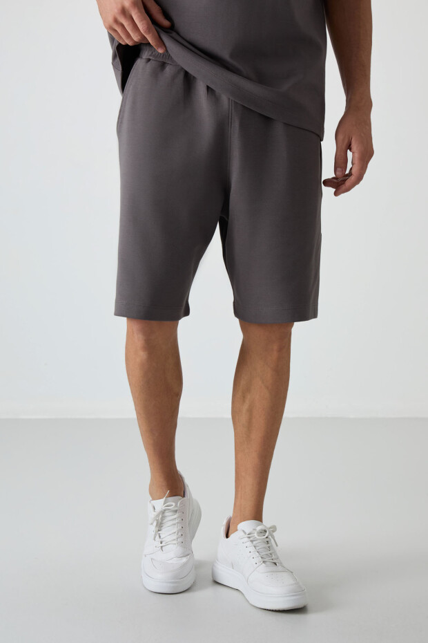 Koyu Gri Pamuklu Kalın Yumuşak Dokulu Oversize Fit Basic Erkek Şort Takım - 85249 - 3