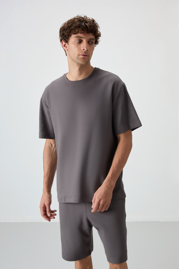 Koyu Gri Pamuklu Kalın Yumuşak Dokulu Oversize Fit Basic Erkek Şort Takım - 85249 - 2