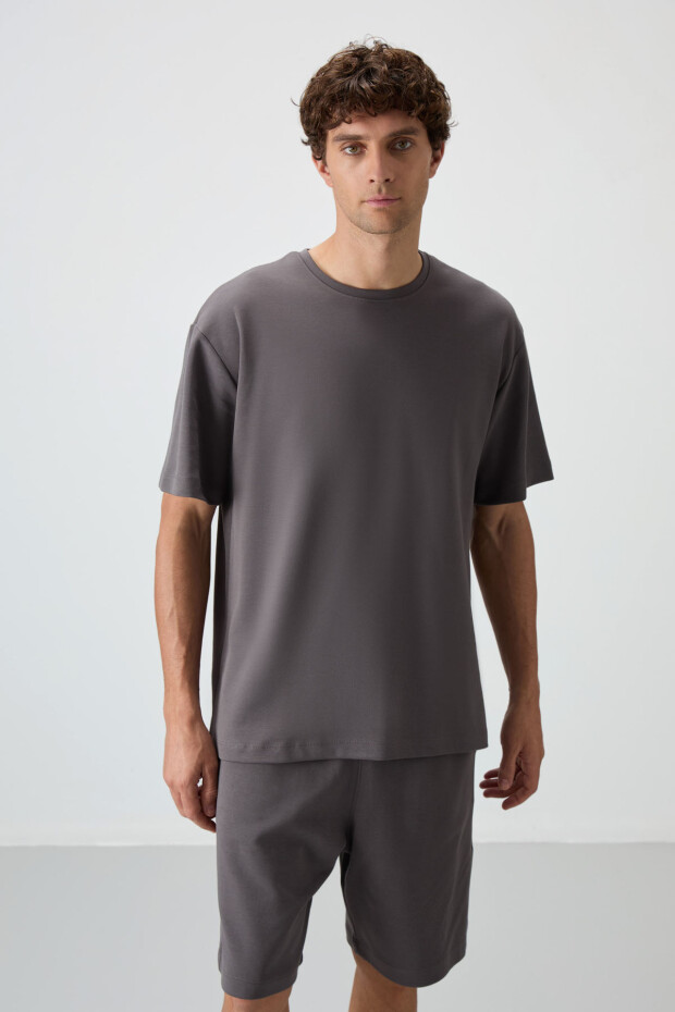 Koyu Gri Pamuklu Kalın Yumuşak Dokulu Oversize Fit Basic Erkek Şort Takım - 85249 - 5